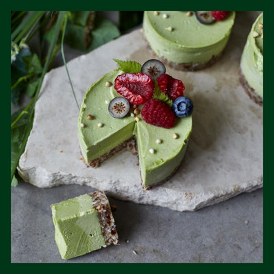 Raw Matcha Yuzu Cake with a Reishi and Maca Nut Crust