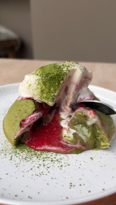 MATCHA LAVA CAKE WITH RASPBERRY COULIS